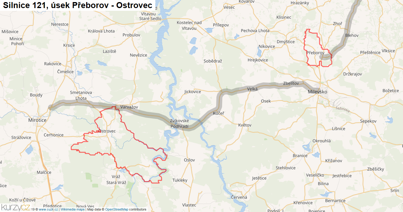 Úsek Přeborov - Ostrovec, Silnice 121 - Mapa