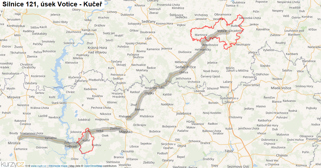 Úsek Votice - Kučeř, Silnice 121 - Mapa