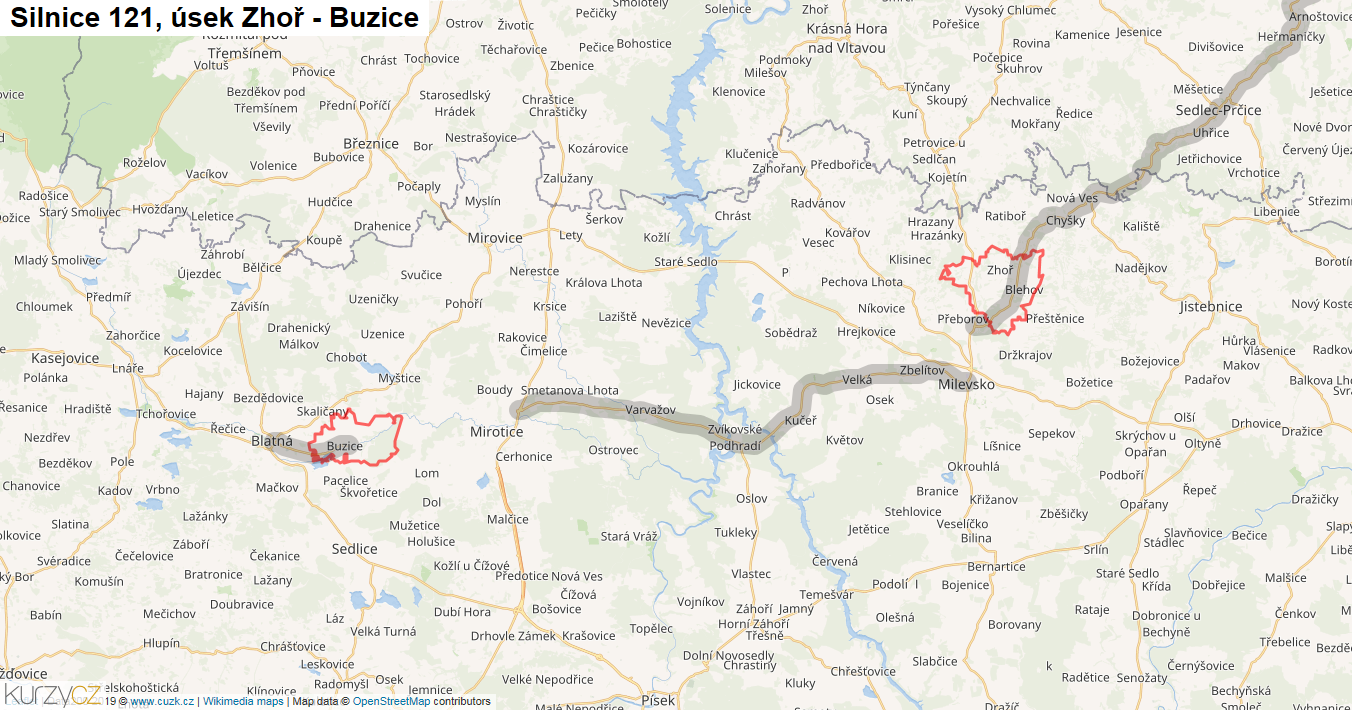 Úsek Zhoř - Buzice, Silnice 121 - Mapa