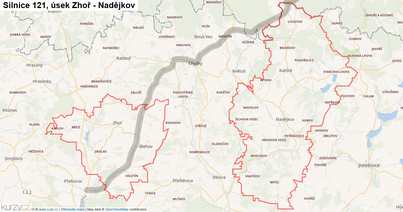 Úsek Zhoř - Nadějkov, Silnice 121 - Mapa