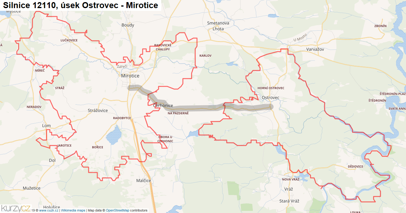 Úsek Ostrovec - Mirotice, Silnice 12110 - Mapa