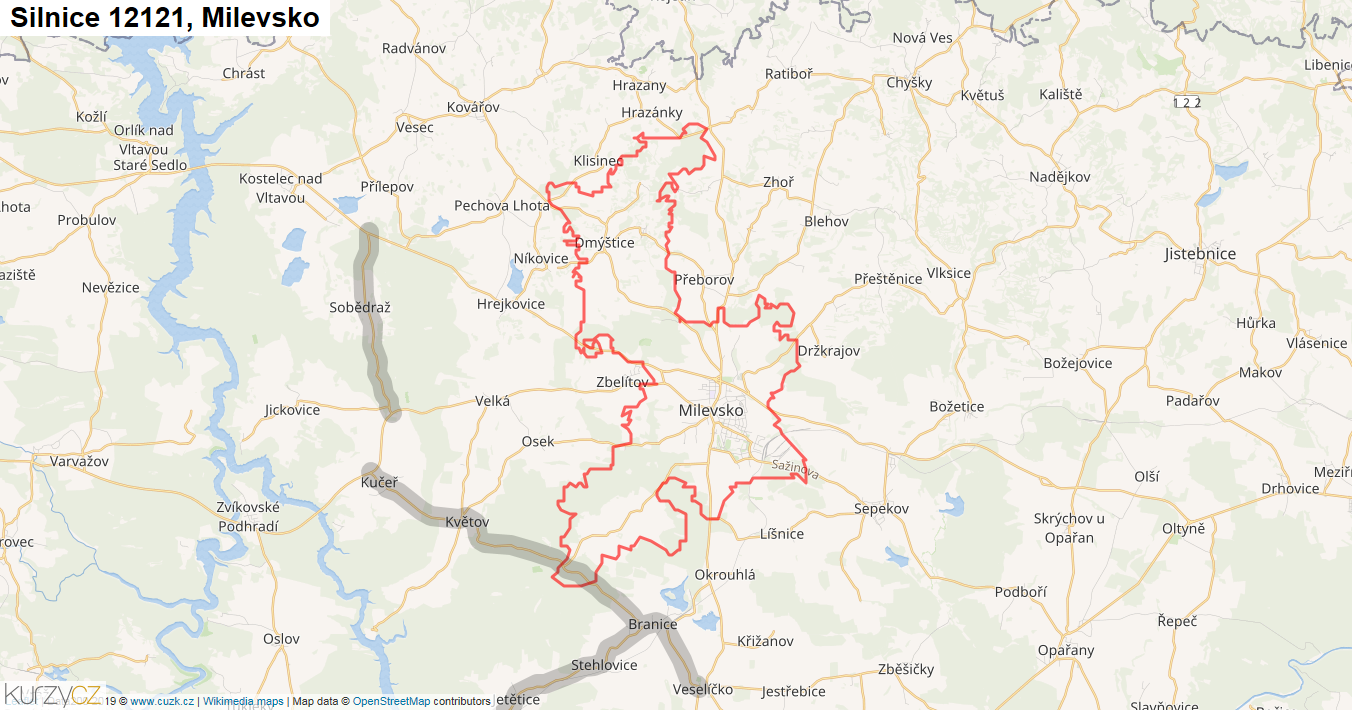 Milevsko, Silnice 12121 - Mapa