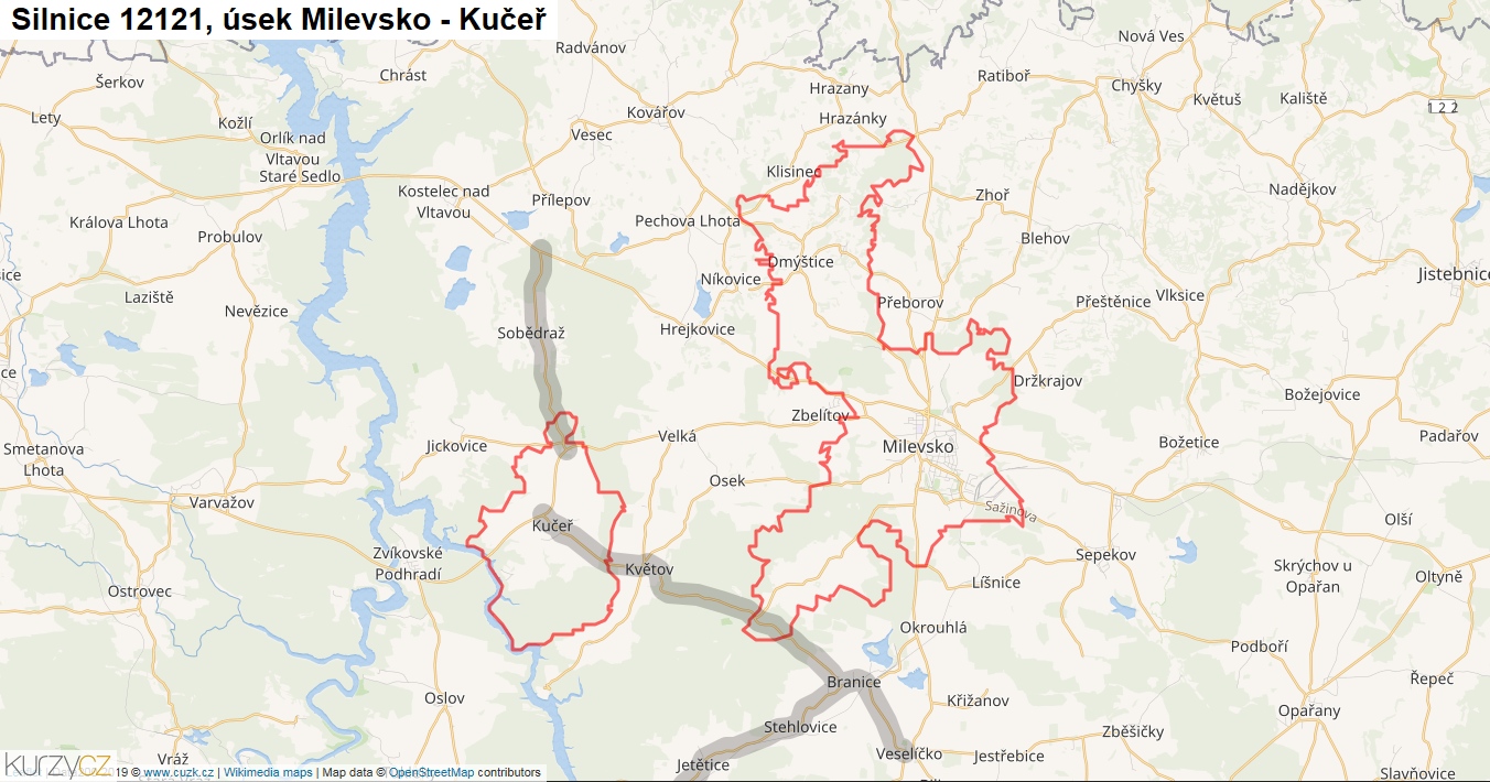 Úsek Milevsko - Kučeř, Silnice 12121 - Mapa