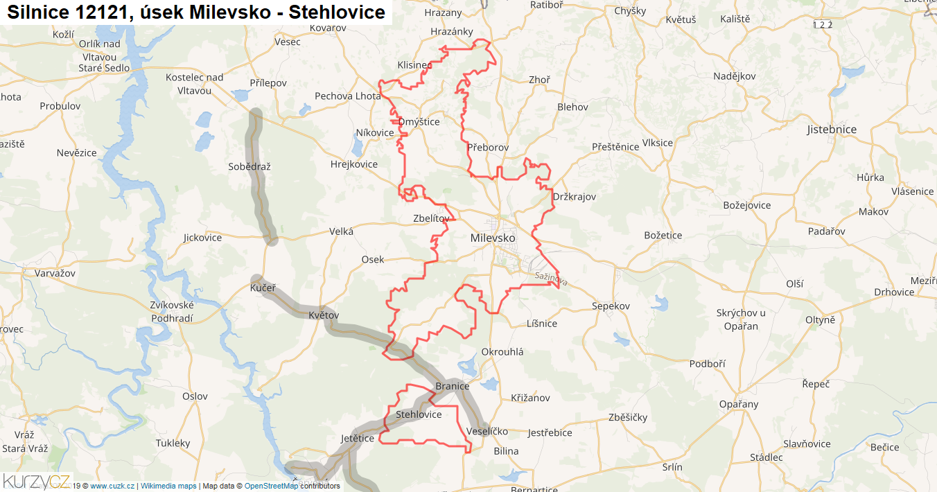 Úsek Milevsko - Stehlovice, Silnice 12121 - Mapa