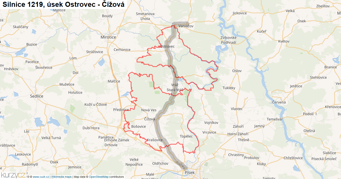 Úsek Ostrovec - Čížová, Silnice 1219 - Mapa