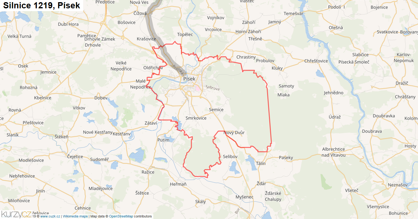 Písek, Silnice 1219 - Mapa