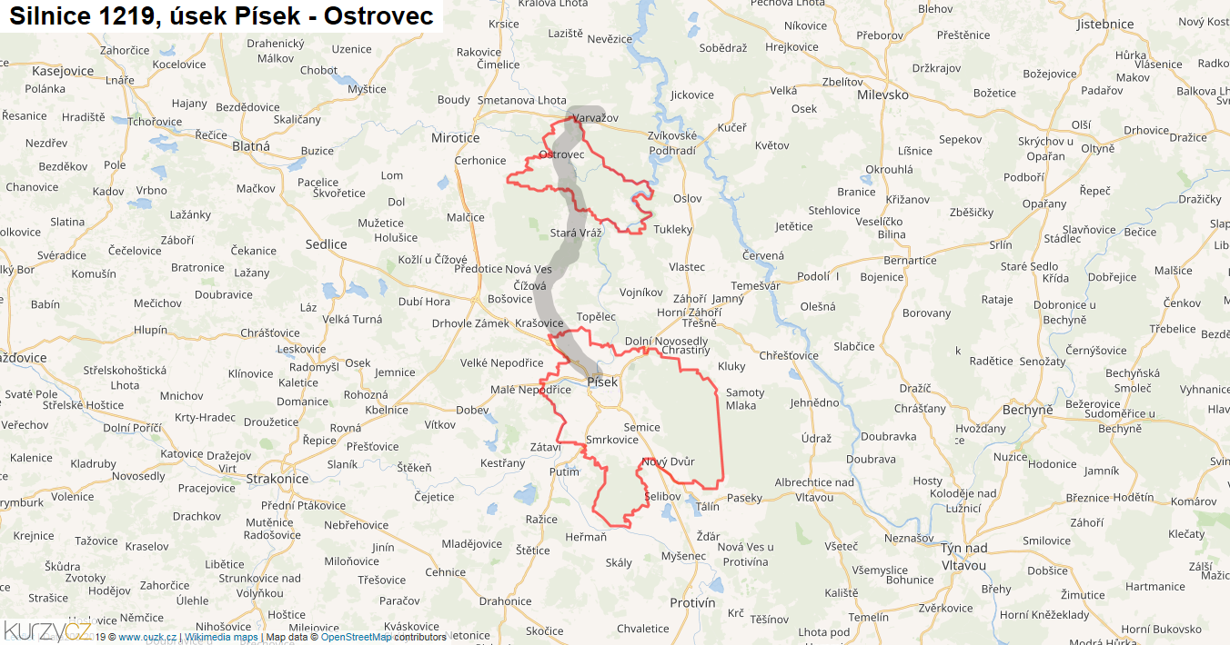Úsek Písek - Ostrovec, Silnice 1219 - Mapa