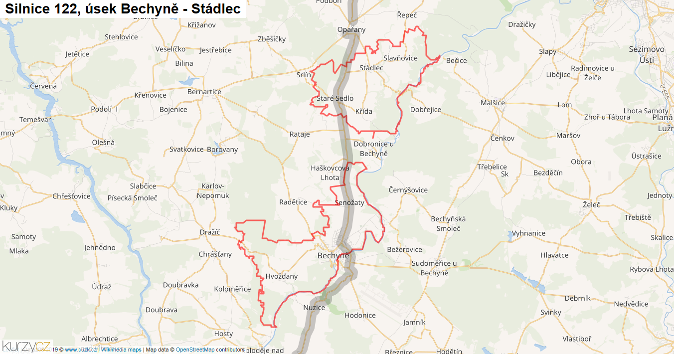 Úsek Bechyně - Stádlec, Silnice 122 - Mapa