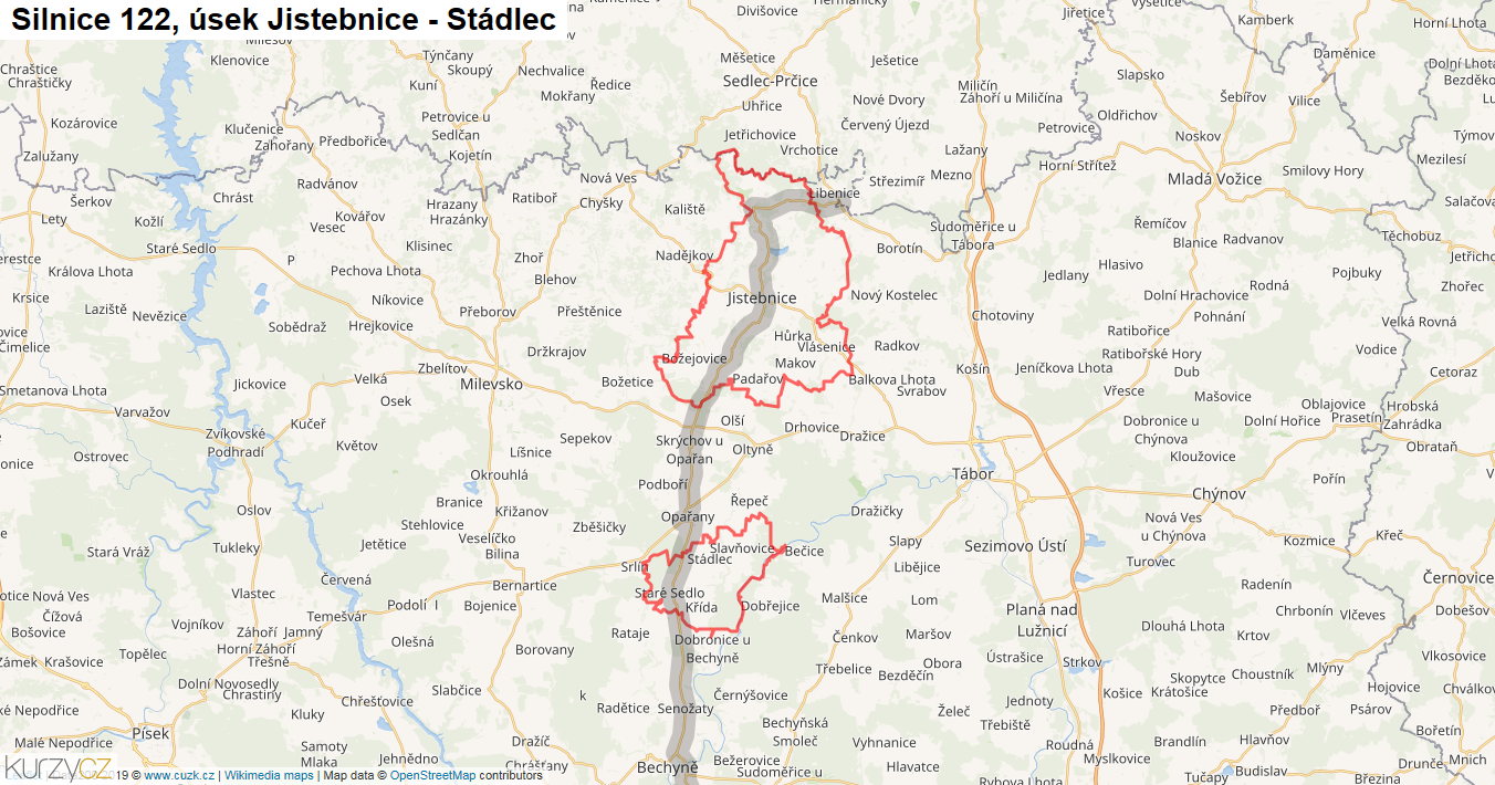 Úsek Jistebnice - Stádlec, Silnice 122 - Mapa