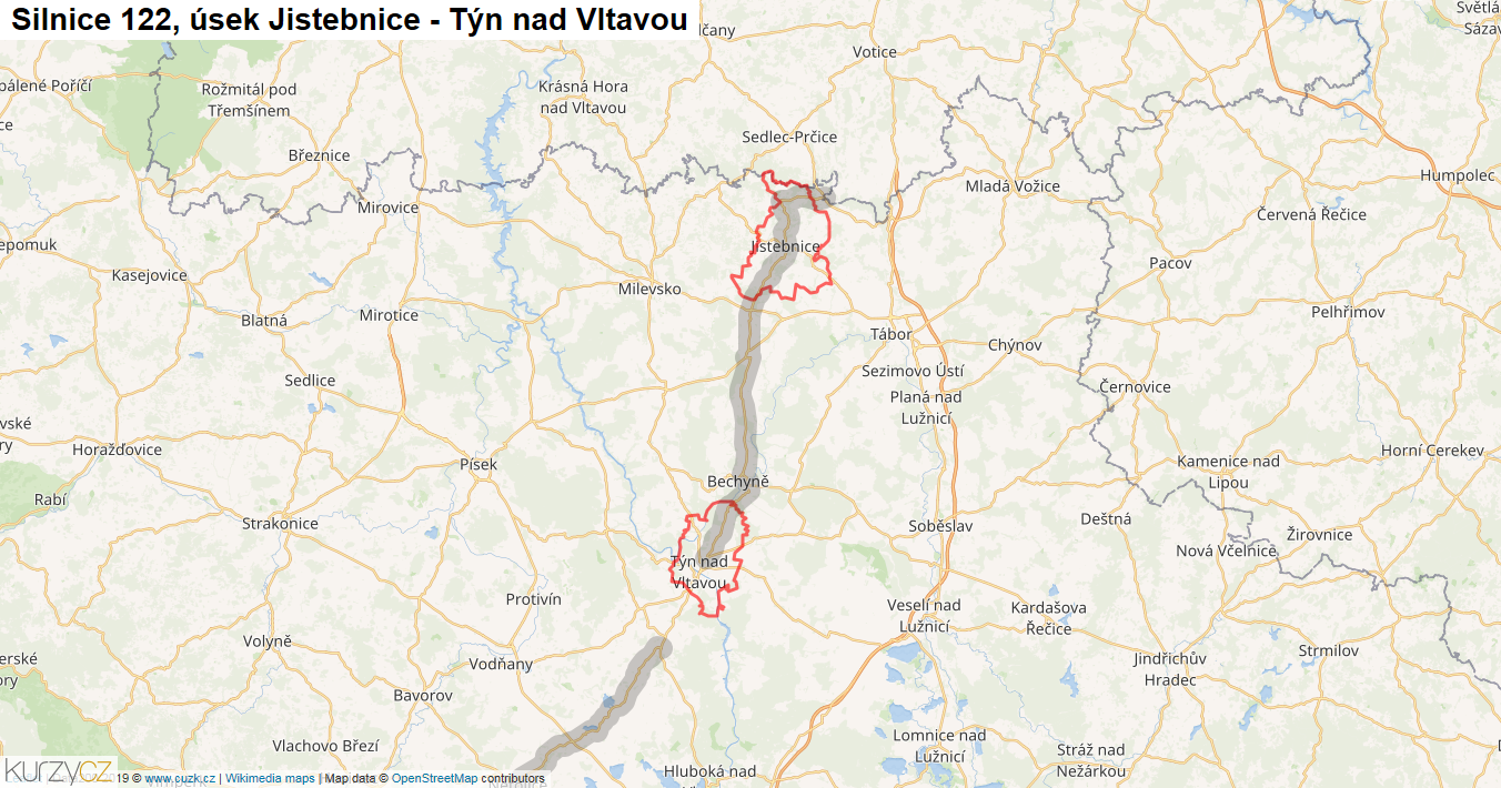 Úsek Jistebnice - Týn nad Vltavou, Silnice 122 - Mapa