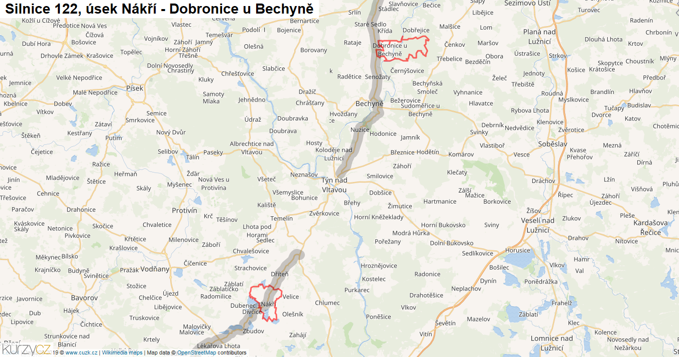 Úsek Nákří - Dobronice u Bechyně, Silnice 122 - Mapa