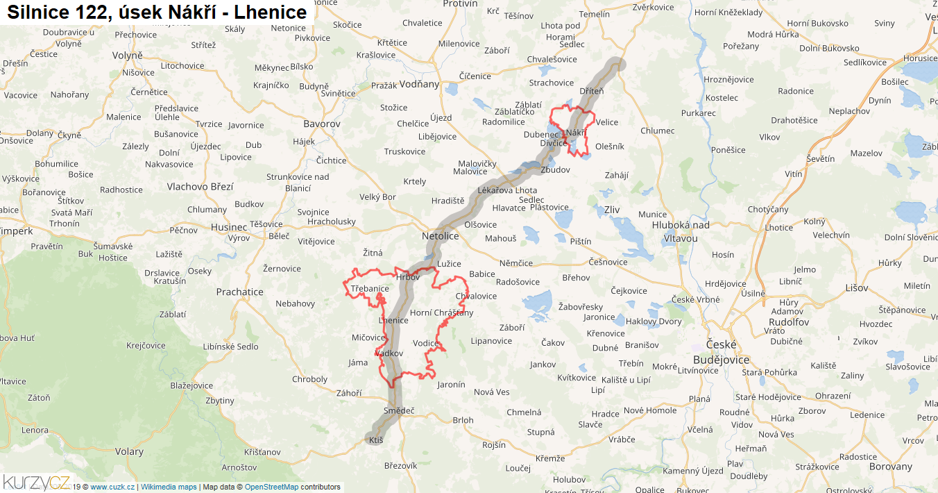 Úsek Nákří - Lhenice, Silnice 122 - Mapa