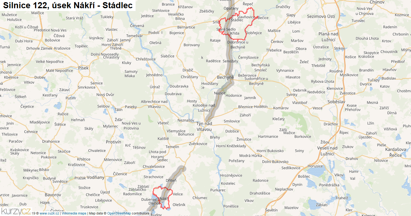 Úsek Nákří - Stádlec, Silnice 122 - Mapa
