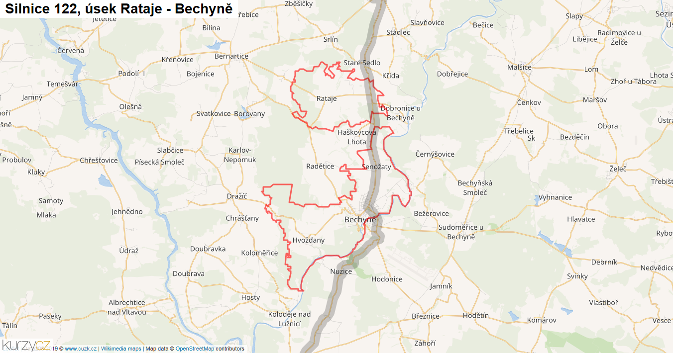 Úsek Rataje - Bechyně, Silnice 122 - Mapa