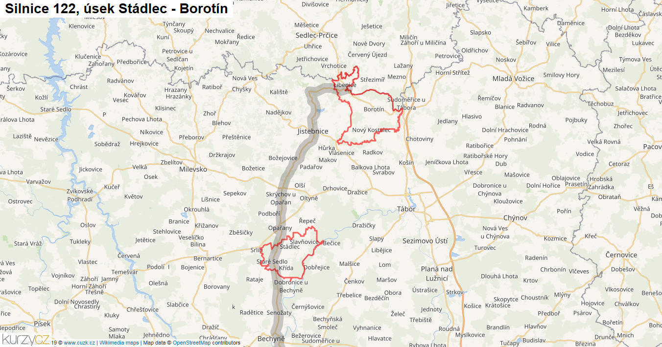 Úsek Stádlec - Borotín, Silnice 122 - Mapa