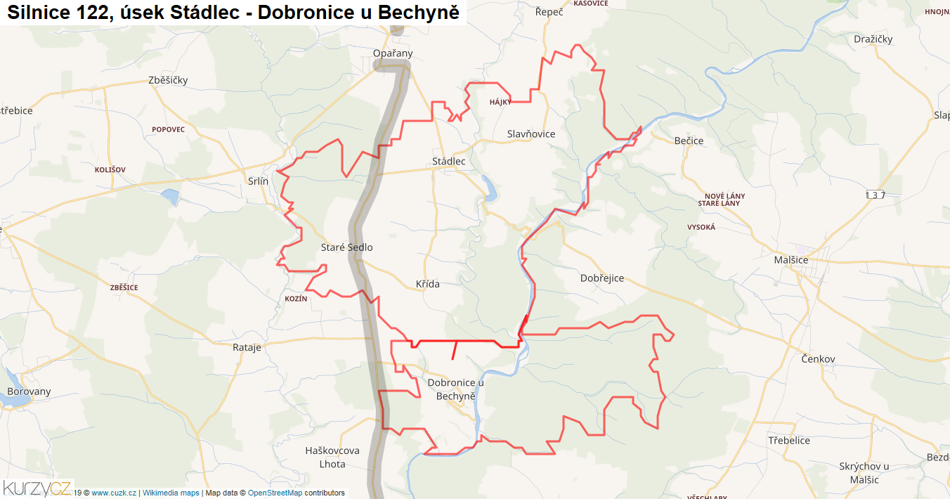 Úsek Stádlec - Dobronice u Bechyně, Silnice 122 - Mapa