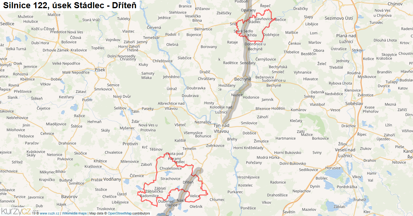 Úsek Stádlec - Dříteň, Silnice 122 - Mapa