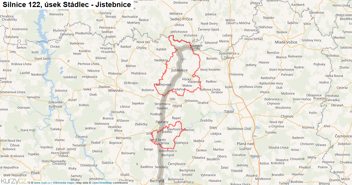 Úsek Stádlec - Jistebnice, Silnice 122 - Mapa