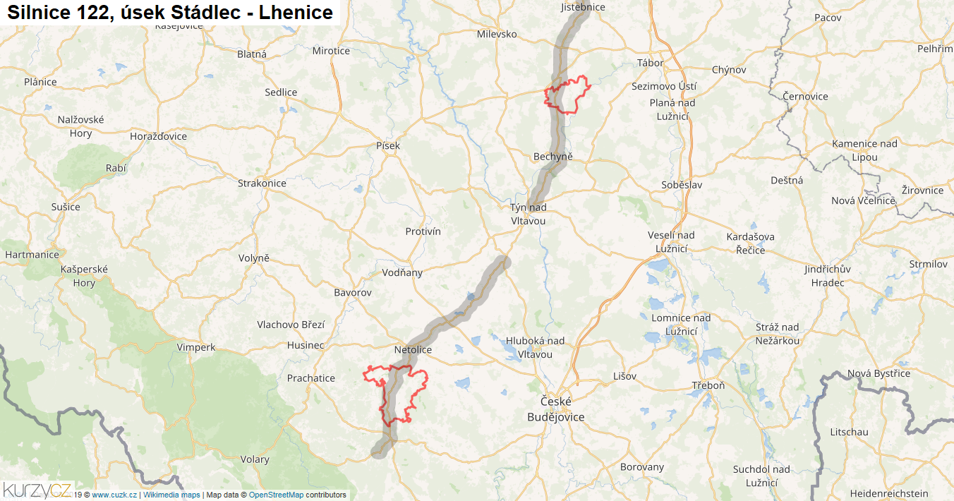 Úsek Stádlec - Lhenice, Silnice 122 - Mapa