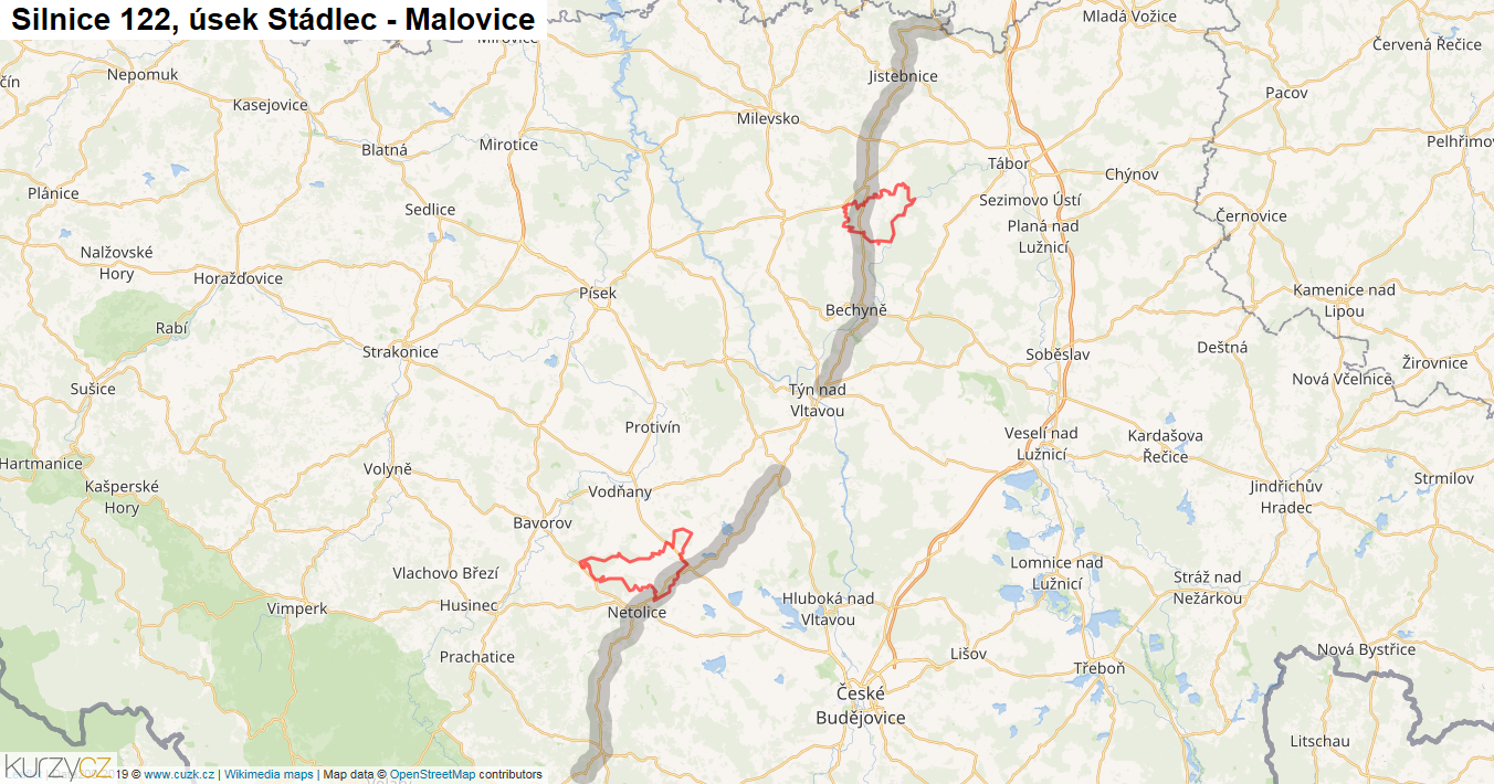 Úsek Stádlec - Malovice, Silnice 122 - Mapa