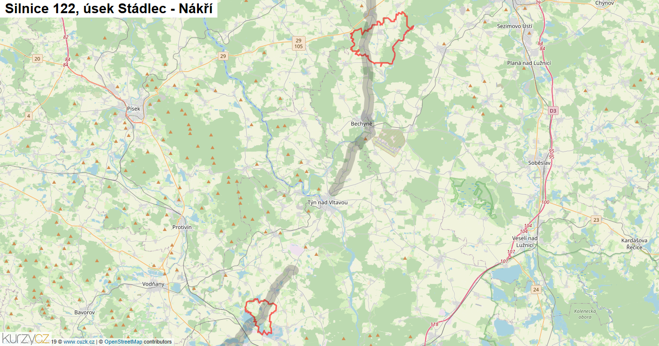 Úsek Stádlec - Nákří, Silnice 122 - Mapa