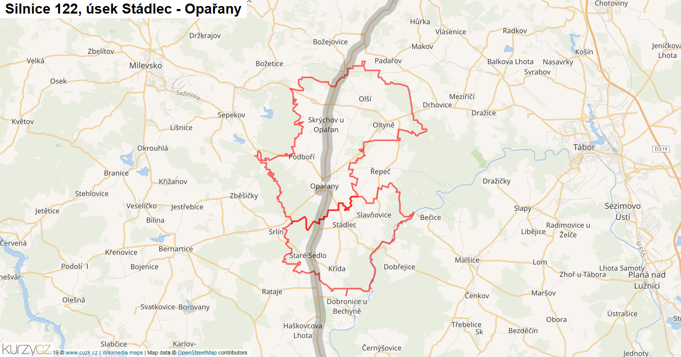 Úsek Stádlec - Opařany, Silnice 122 - Mapa
