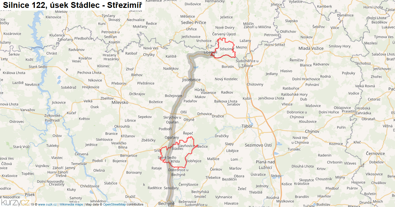 Úsek Stádlec - Střezimíř, Silnice 122 - Mapa