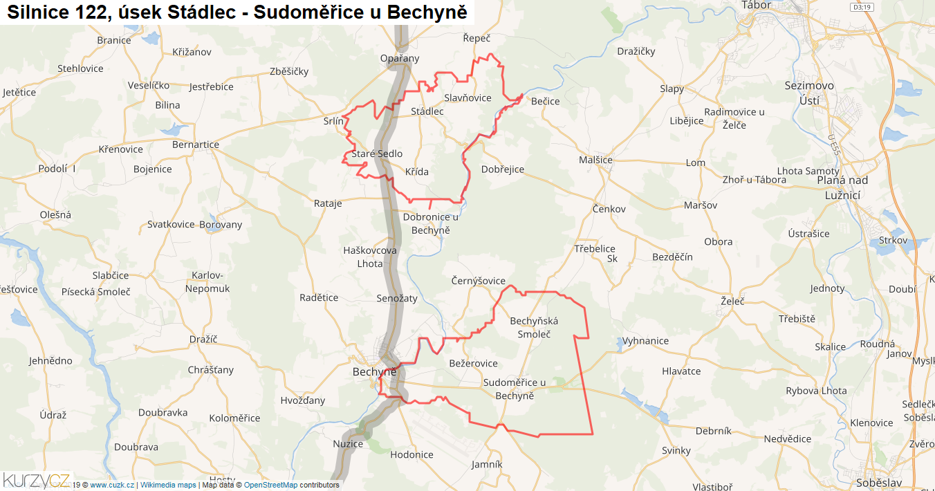 Úsek Stádlec - Sudoměřice u Bechyně, Silnice 122 - Mapa