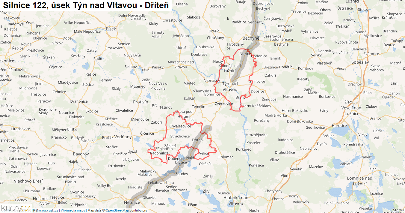 Úsek Týn nad Vltavou - Dříteň, Silnice 122 - Mapa