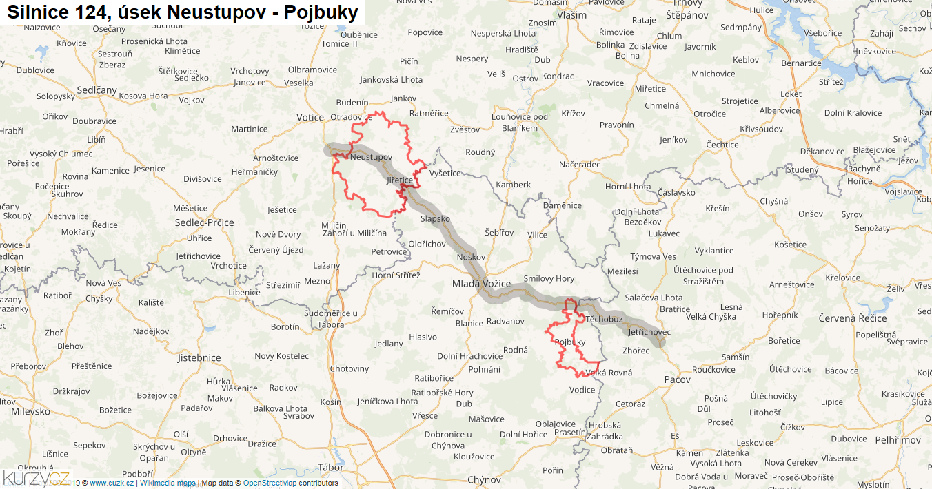 Úsek Neustupov - Pojbuky, Silnice 124 - Mapa
