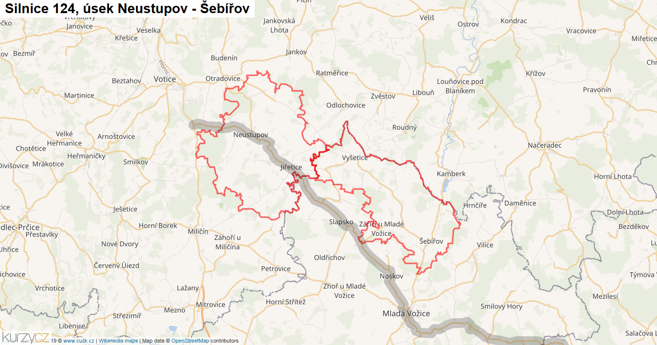 Úsek Neustupov - Šebířov, Silnice 124 - Mapa