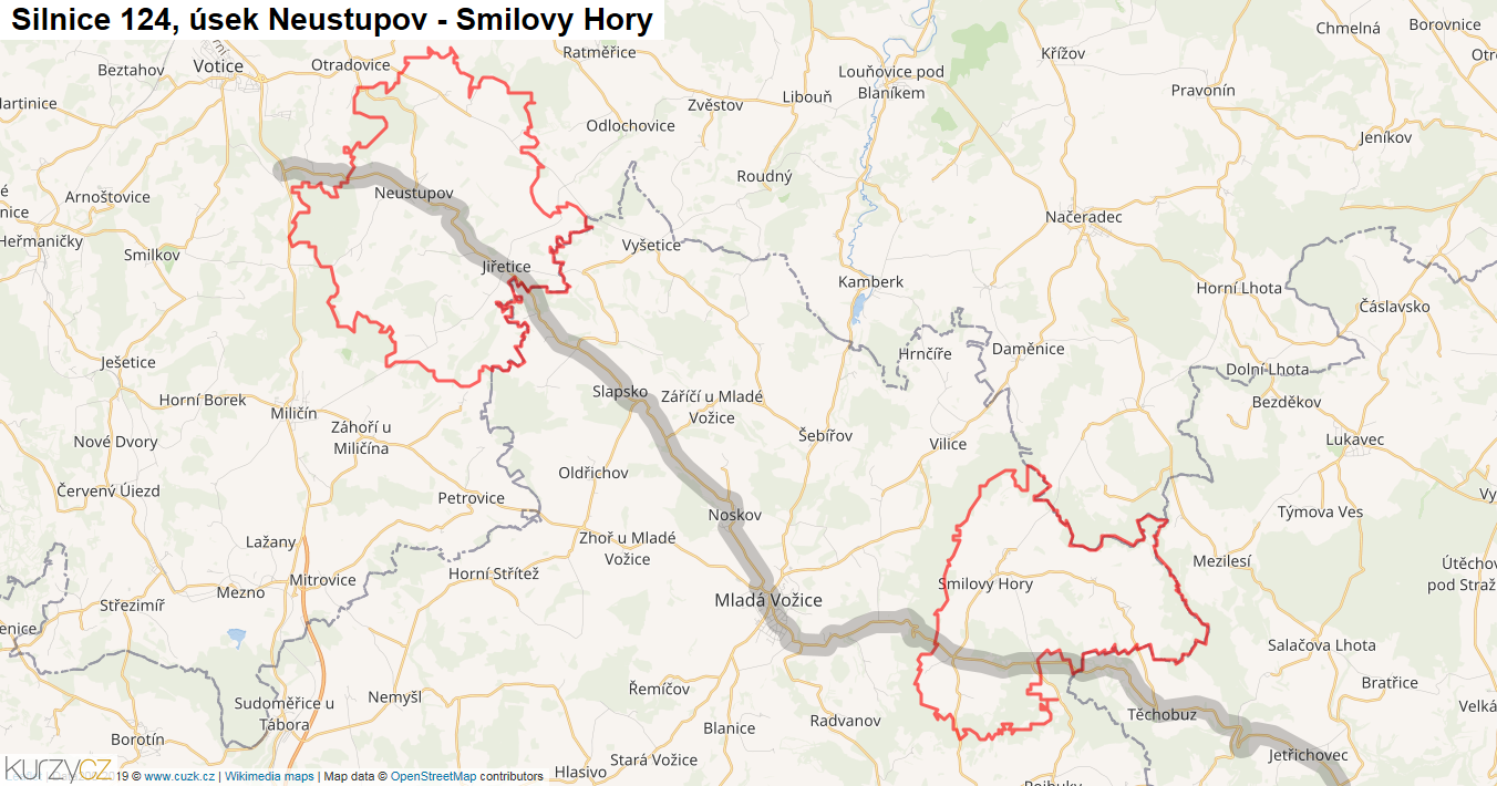 Úsek Neustupov - Smilovy Hory, Silnice 124 - Mapa