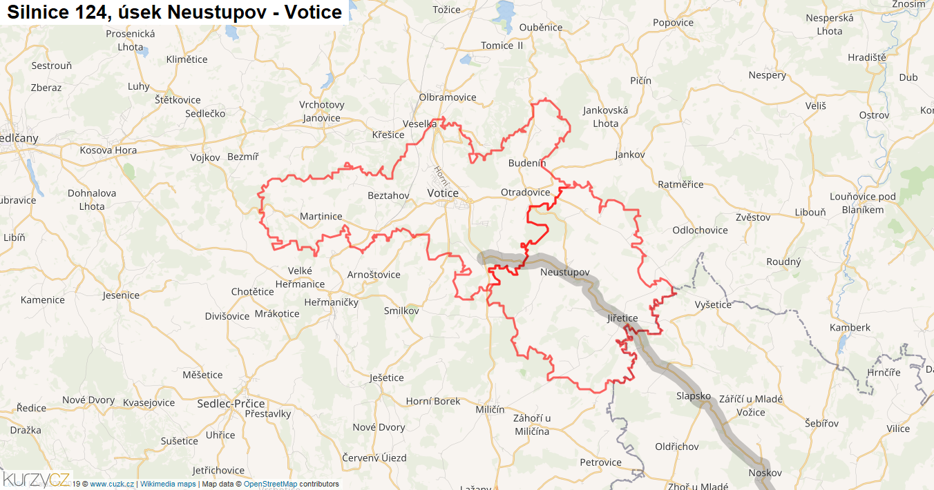 Úsek Neustupov - Votice, Silnice 124 - Mapa
