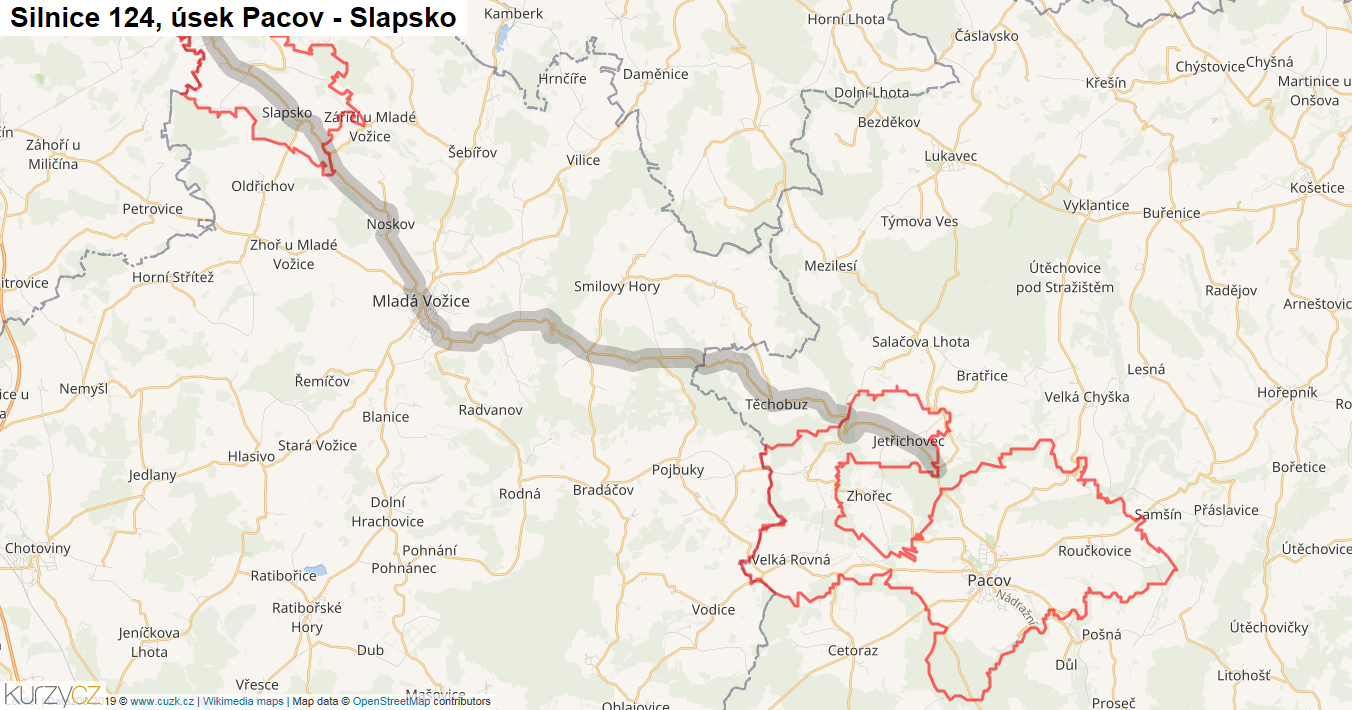 Úsek Pacov - Slapsko, Silnice 124 - Mapa