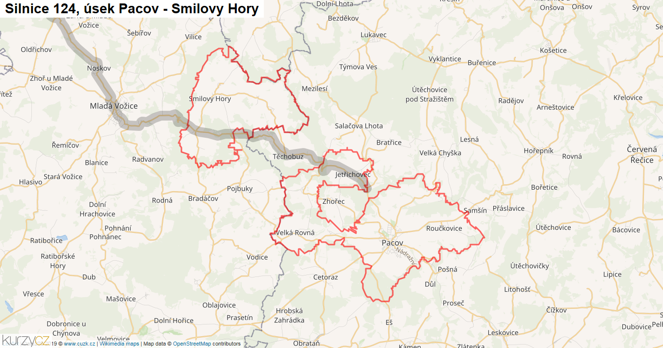 Úsek Pacov - Smilovy Hory, Silnice 124 - Mapa