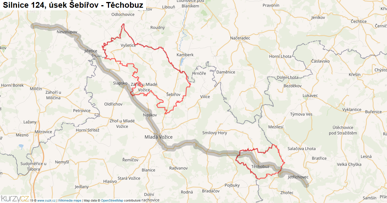 Úsek Šebířov - Těchobuz, Silnice 124 - Mapa
