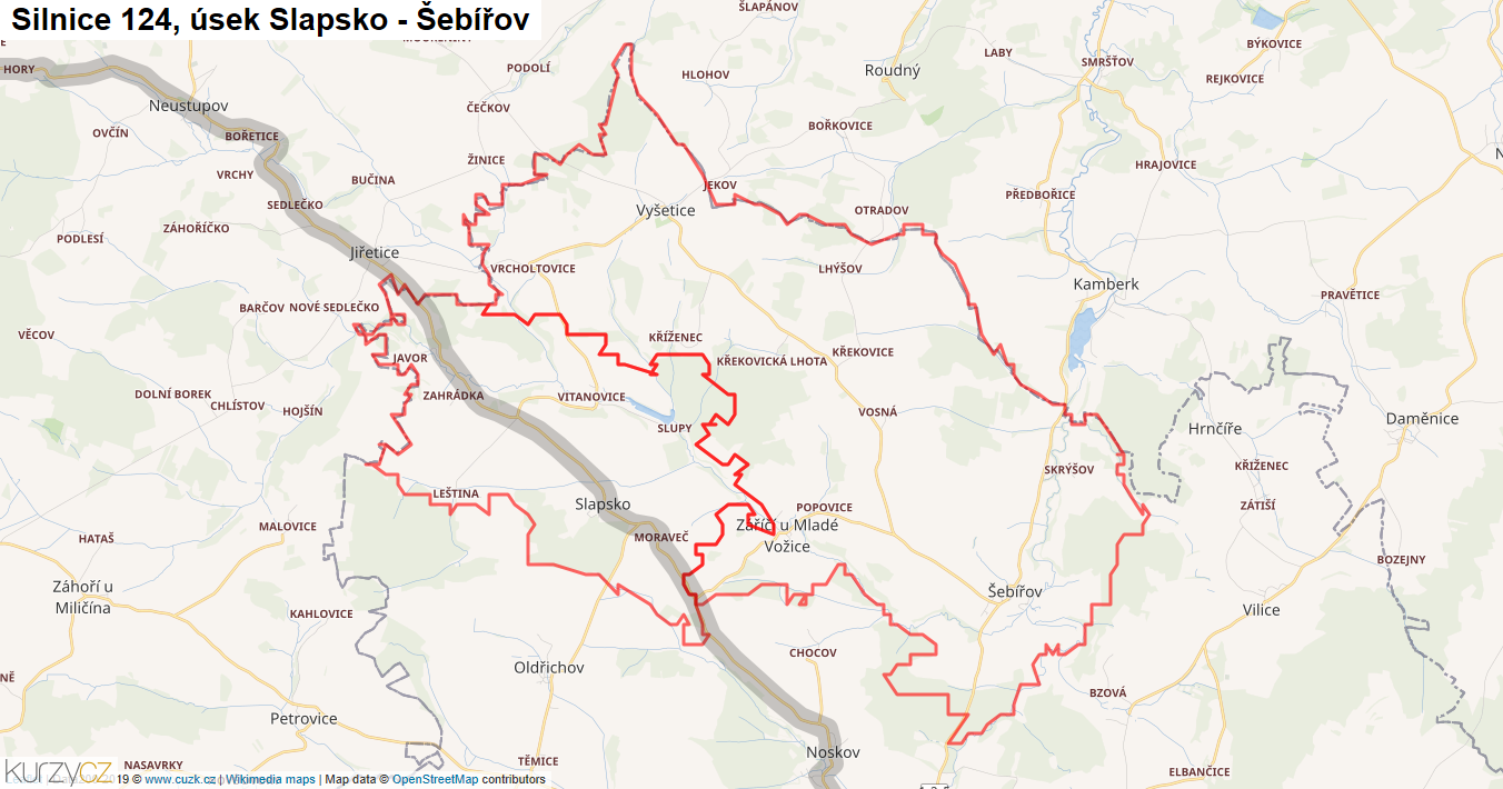 Úsek Slapsko - Šebířov, Silnice 124 - Mapa
