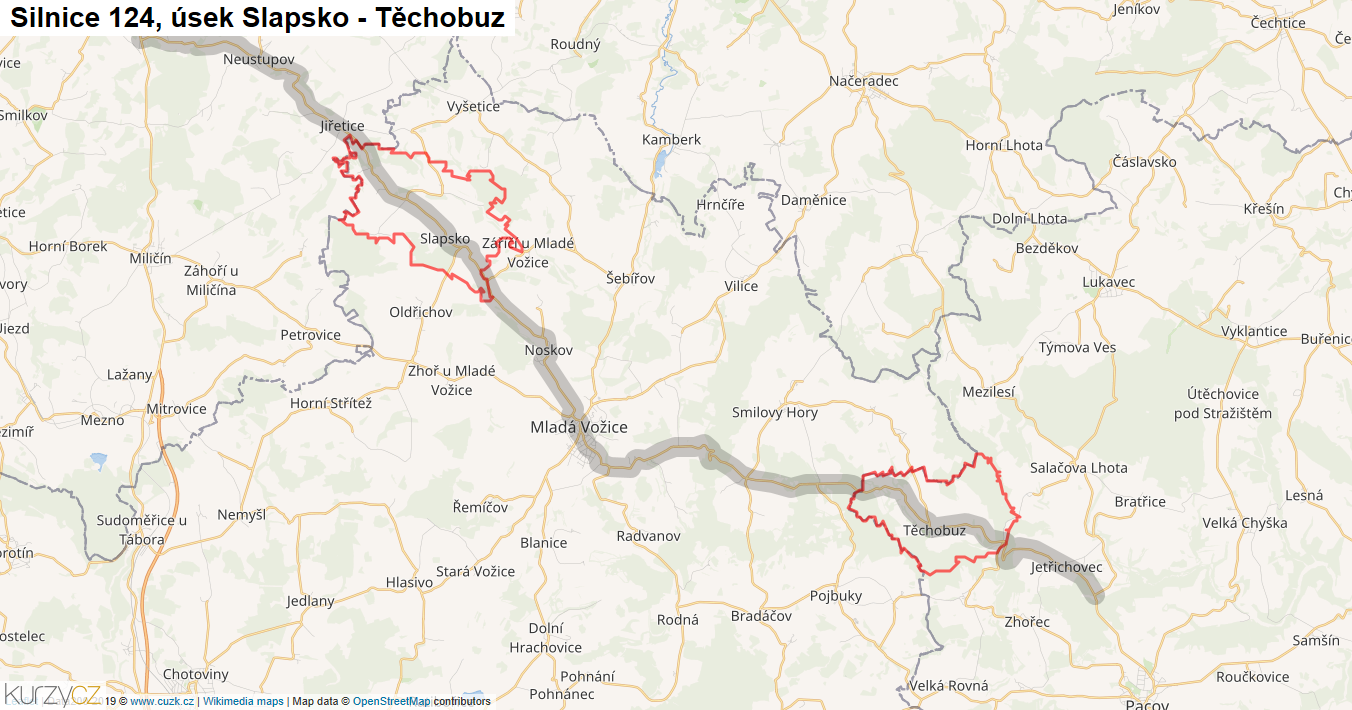 Úsek Slapsko - Těchobuz, Silnice 124 - Mapa