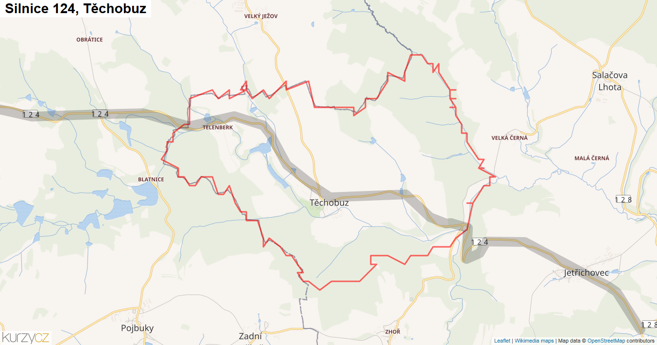 Těchobuz, Silnice 124 - Mapa