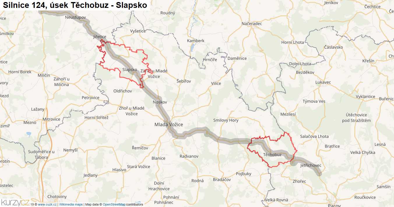 Úsek Těchobuz - Slapsko, Silnice 124 - Mapa