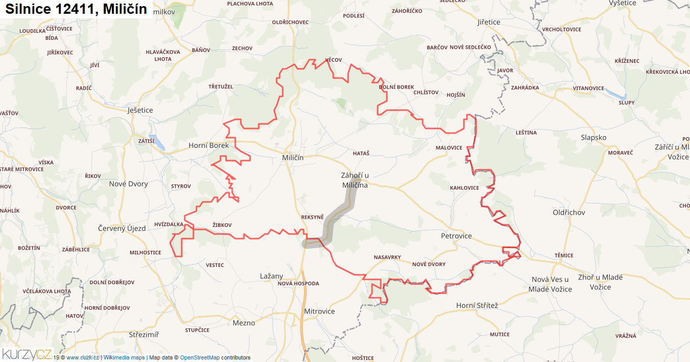 Miličín, Silnice 12411 - Mapa