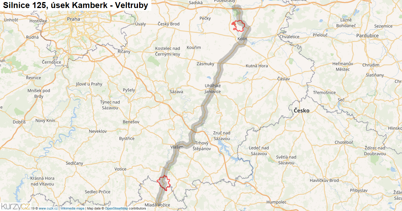 Úsek Kamberk - Veltruby, Silnice 125 - Mapa
