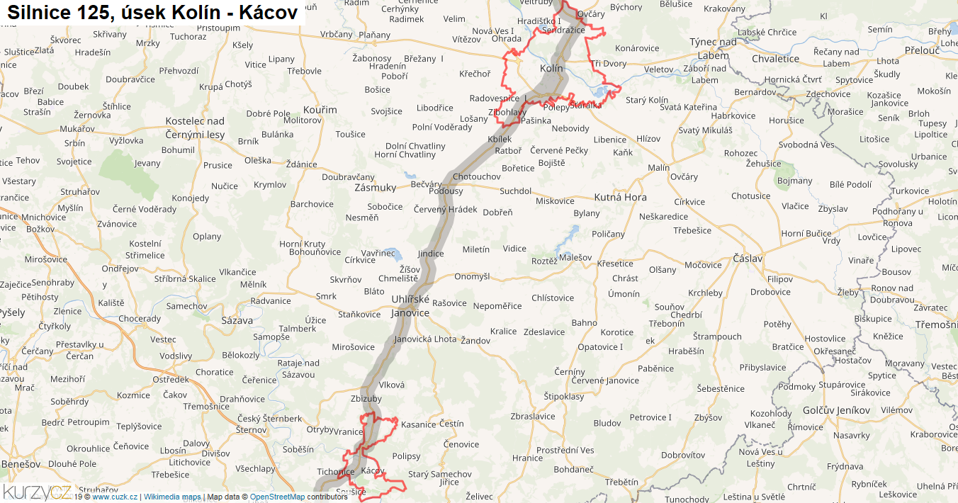 Úsek Kolín - Kácov, Silnice 125 - Mapa
