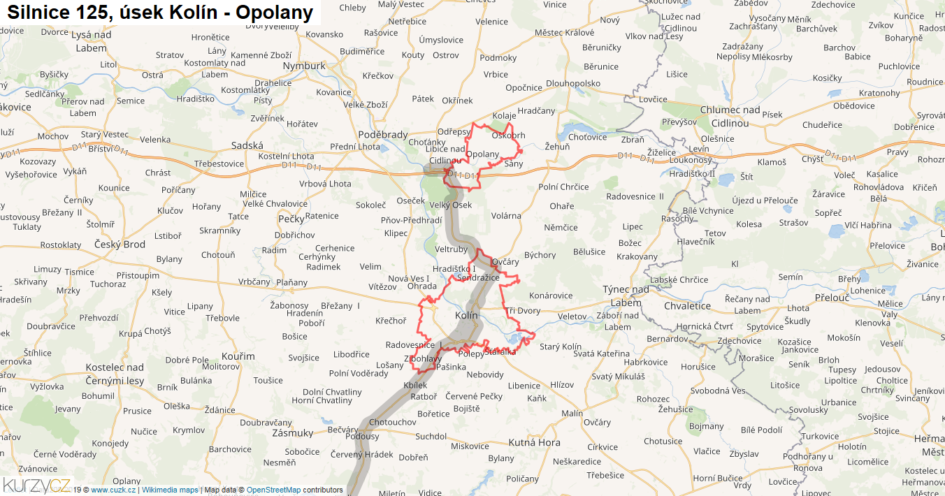 Úsek Kolín - Opolany, Silnice 125 - Mapa