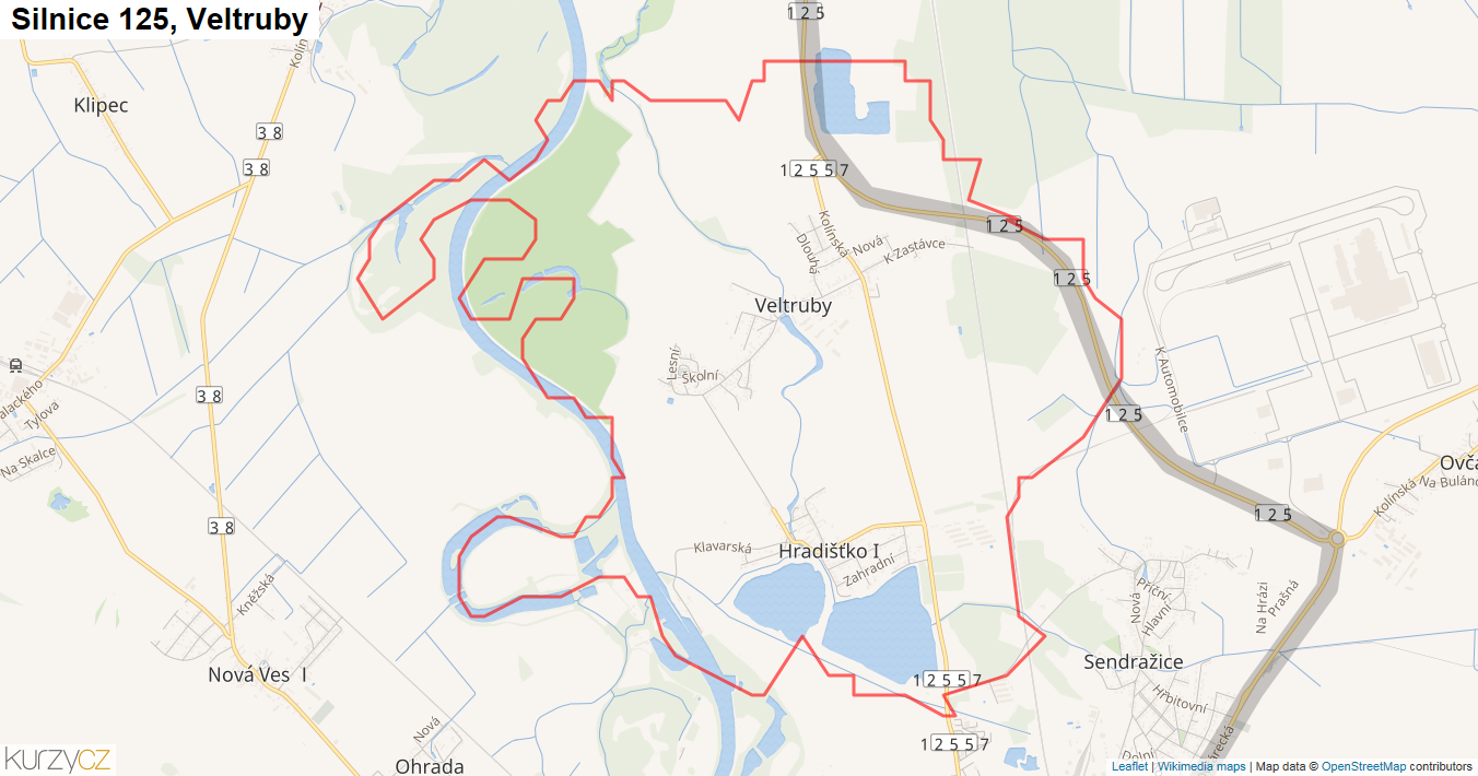 Veltruby, Silnice 125 - Mapa