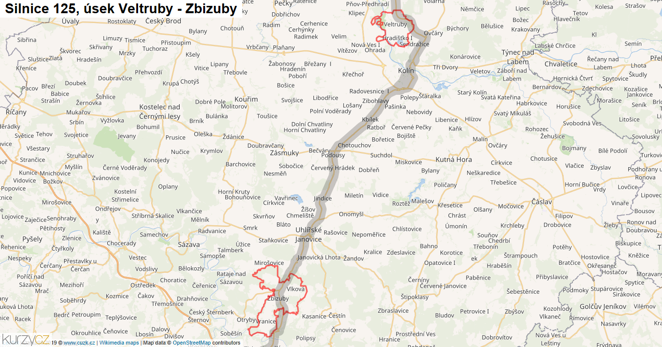 Úsek Veltruby - Zbizuby, Silnice 125 - Mapa