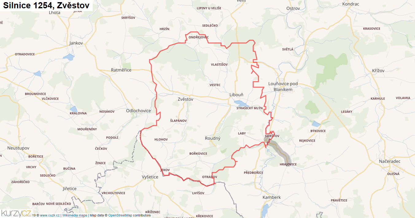 Zvěstov, Silnice 1254 - Mapa