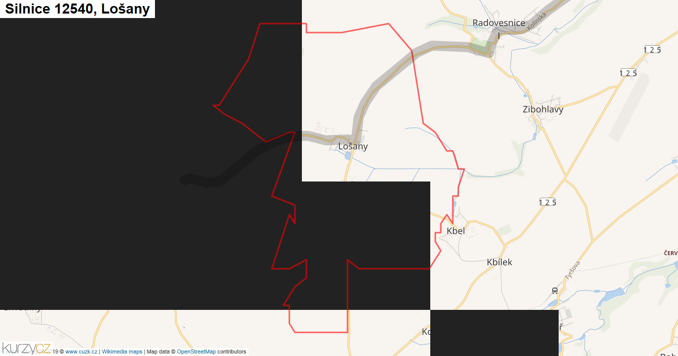 Lošany, Silnice 12540 - Mapa