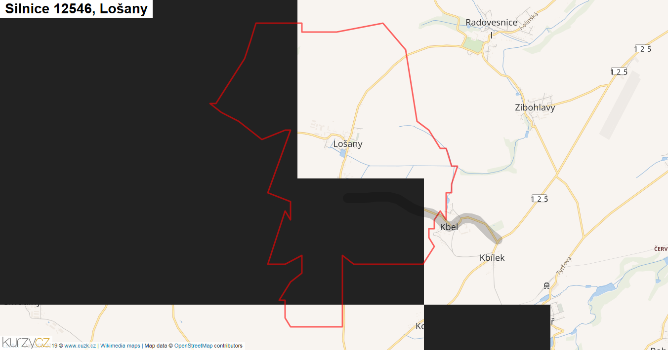 Lošany, Silnice 12546 - Mapa