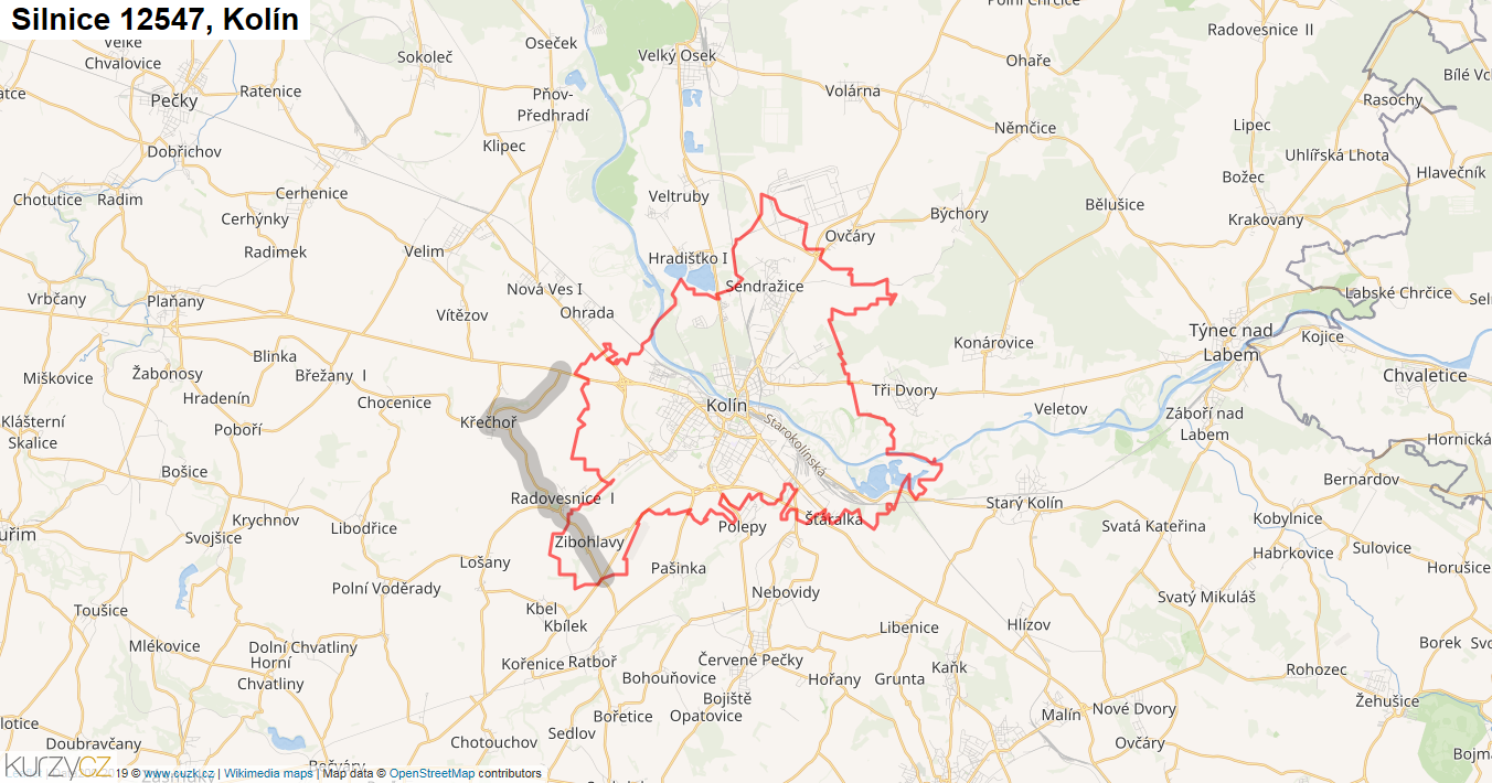 Kolín, Silnice 12547 - Mapa
